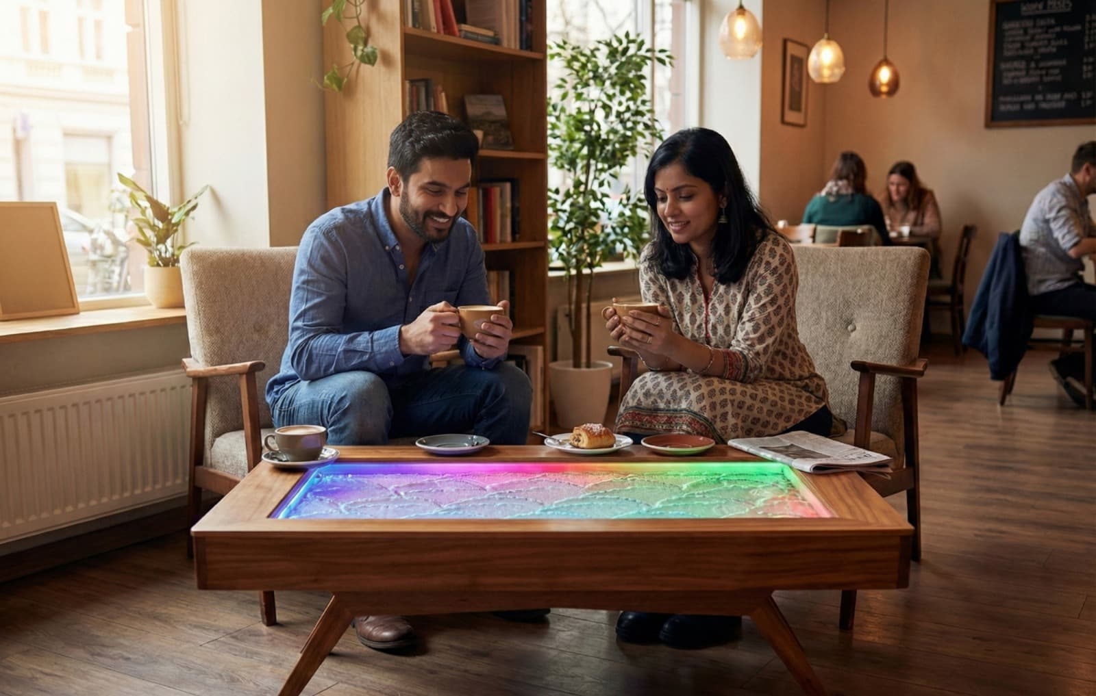 Coffee Shop environment featuring Tarang motorized sand art table